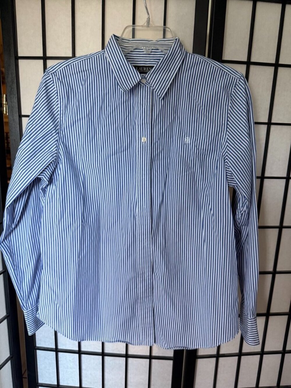 Lauren Ralph Lauren Non-Iron Blue White Striped Button-Up Shirt Petite Large PL